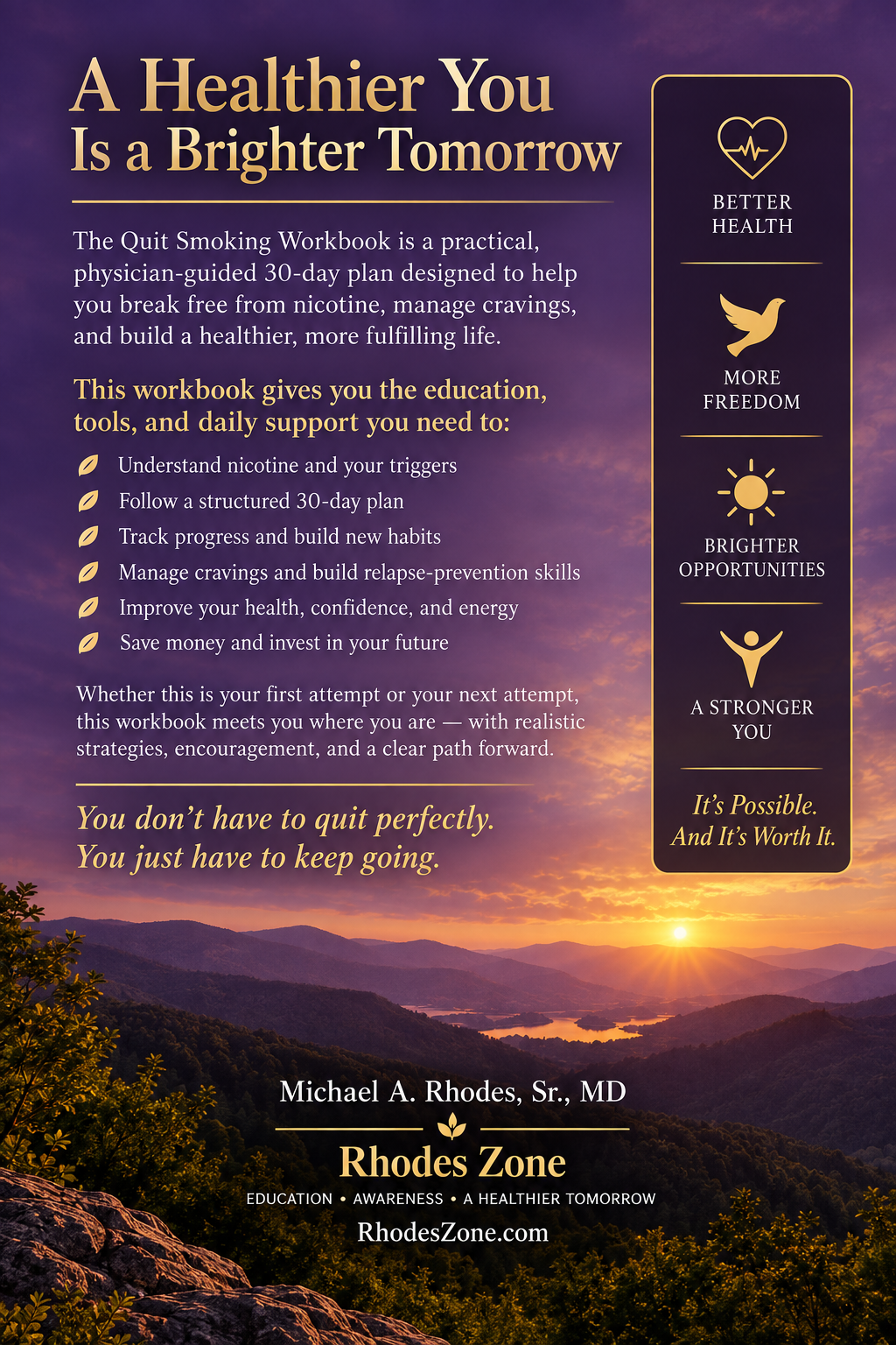 Back cover of The Quit Smoking Workbook with physician-guided 30-day smoking cessation plan details and benefits